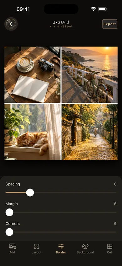 A four-photo grid collage: coffee and a camera, a coastal path, a cat by the window, an alley of fallen leaves; spacing, margin and corner sliders below