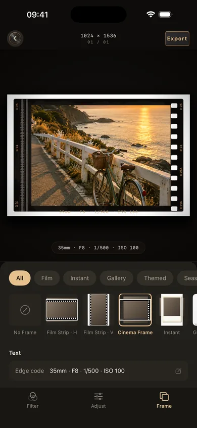 FilmTable’s single-photo editor: a coastal path photo in a cinema film frame, with 35mm · F8 · 1/500 · ISO 100 printed below
