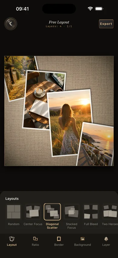 Free layout: four photos scattered diagonally on a linen wall